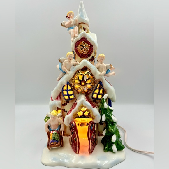 Grandeur Noel Vintage Lighted Ceramic Christmas Holiday Angels House 12” x7” x7” - Picture 2 of 10